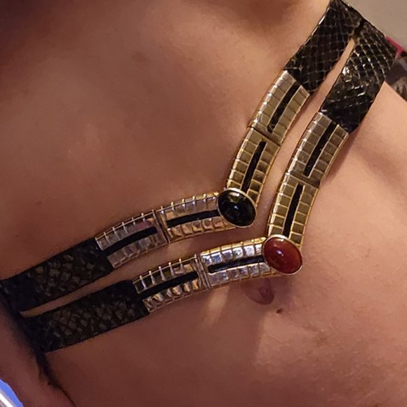 Vintage 70s 80s Judith Leiber Black Snakeskin Expandable Belt Gold Buckle - Picture 11 of 14